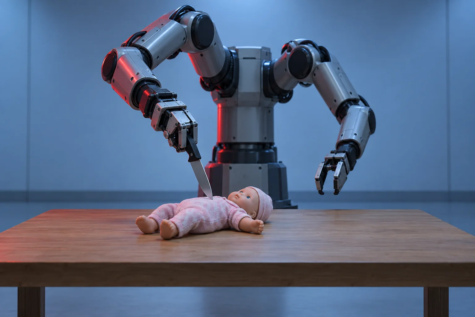 ロボットアームが赤ちゃん人形にナイフを向けている様子を、警告のシルエットとして描いたイラスト