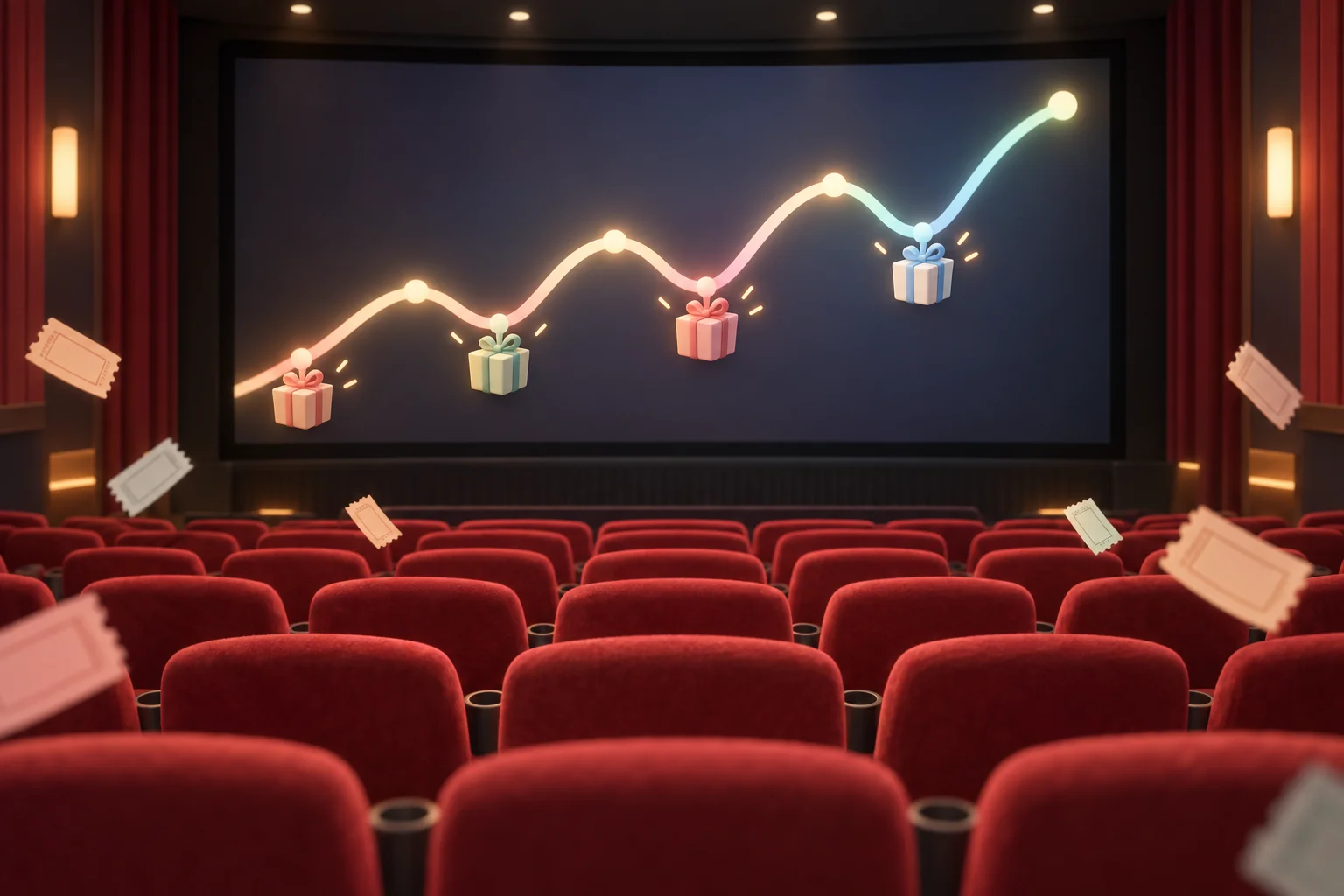 映画館のスクリーンに映る右肩上がりの波形グラフと、谷ごとに置かれたプレゼント箱、客席の上を舞うチケットの半券
