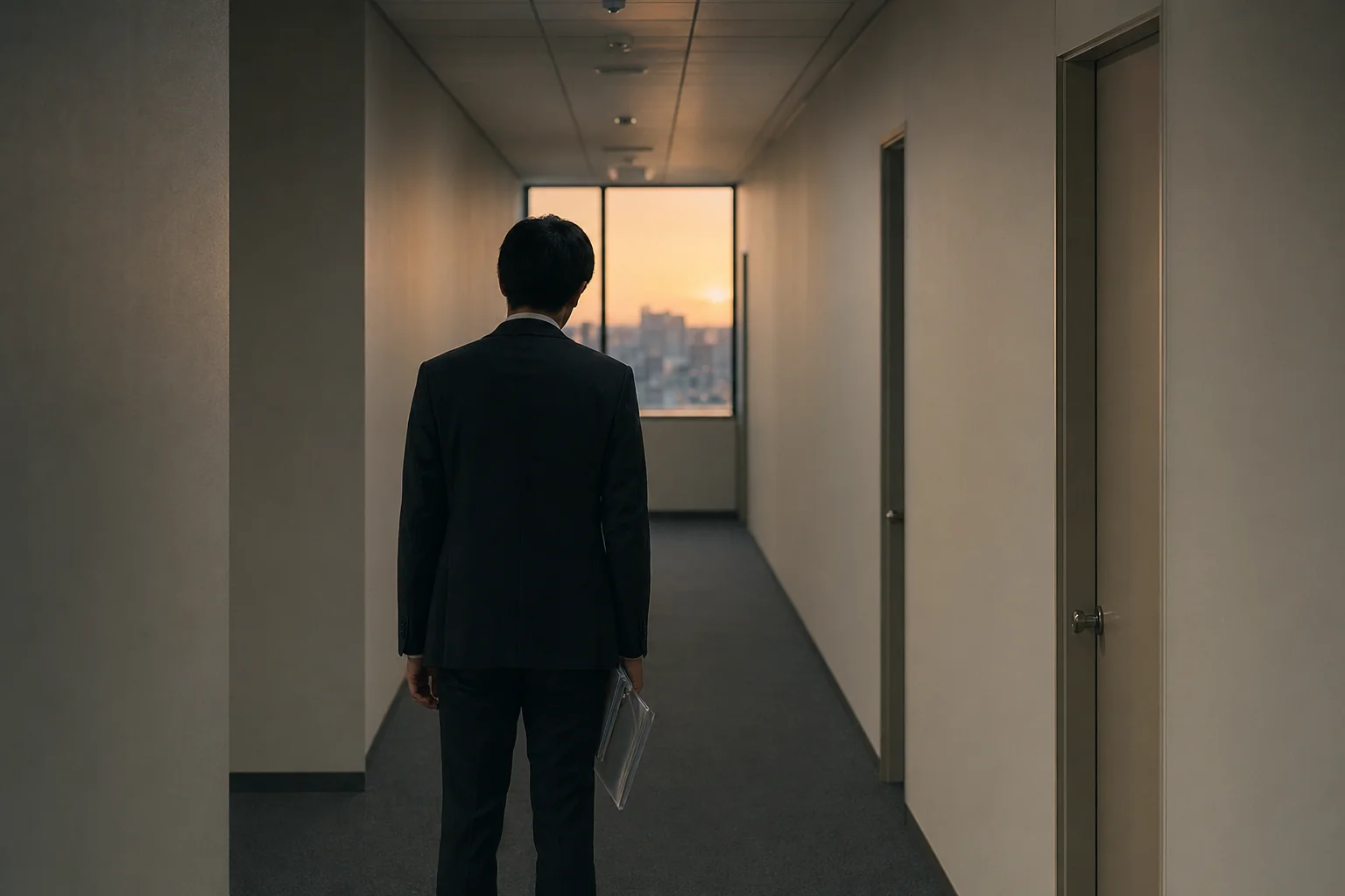 夕方のオフィスビルの廊下。一人の男性がクリアファイルを持って列に並んでいる。後ろ姿のみ。