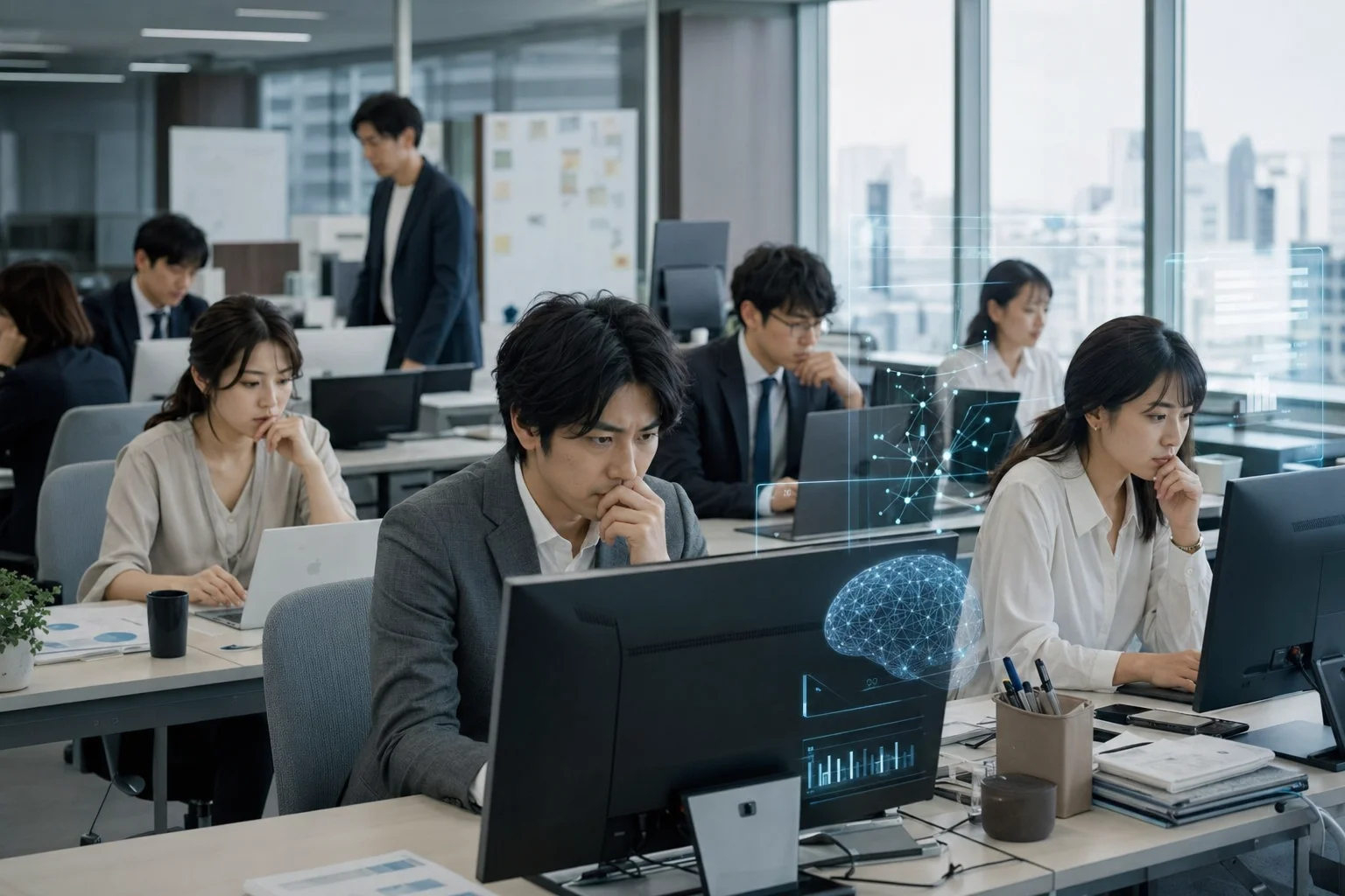 オフィスでAIツールを使う日本人のビジネスパーソンたちの様子。