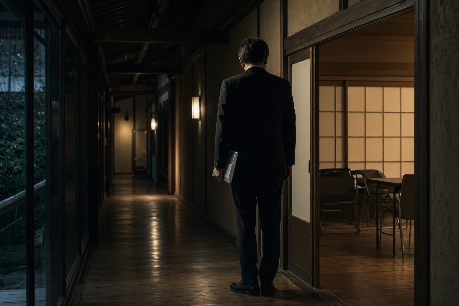 夜のビル廊下でクリアファイルを持った中年男性が佇む。