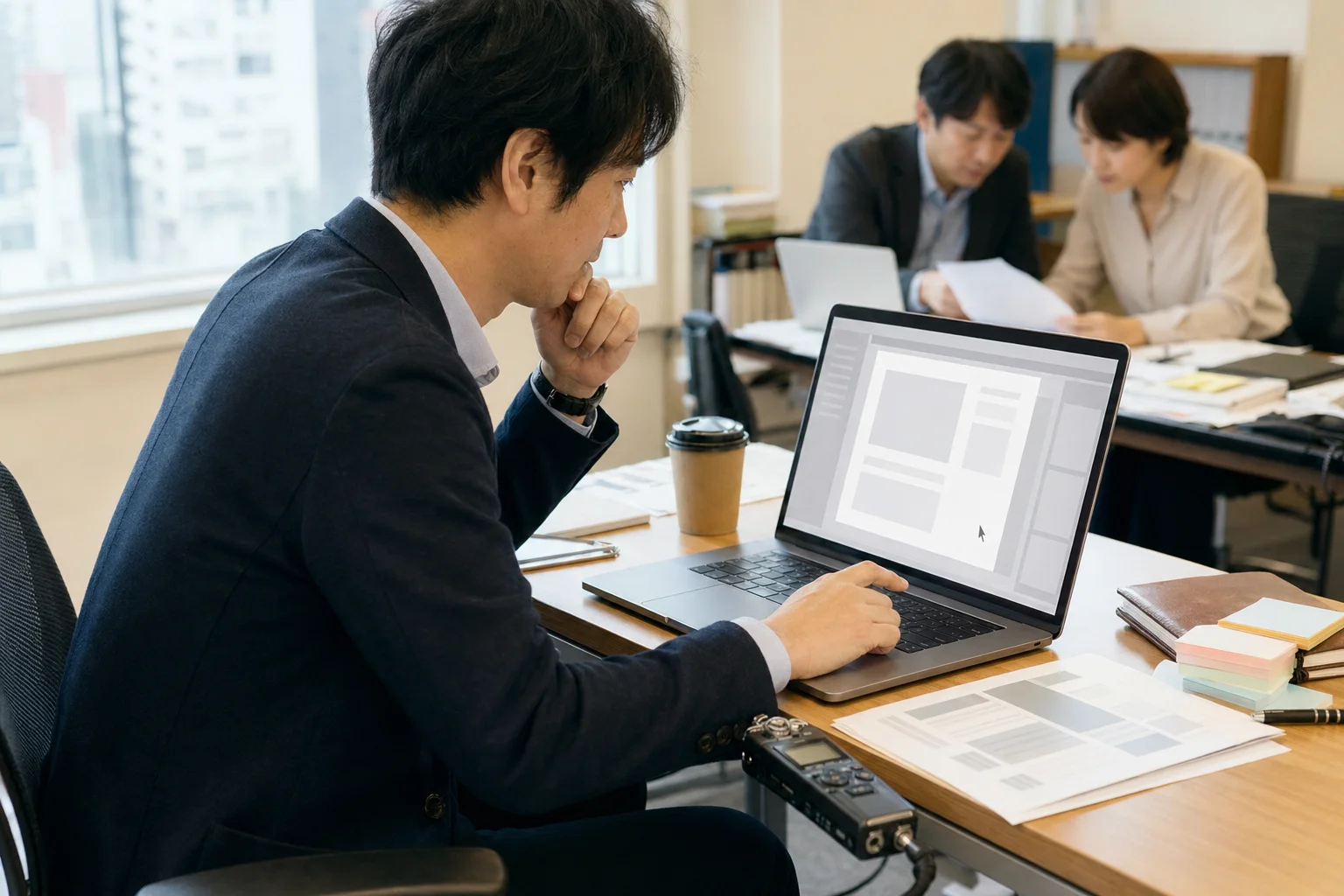 日中の小さなオフィスで、ノートパソコンのAIツールを使って資料や書類を整理する会社員の写真調イラスト。