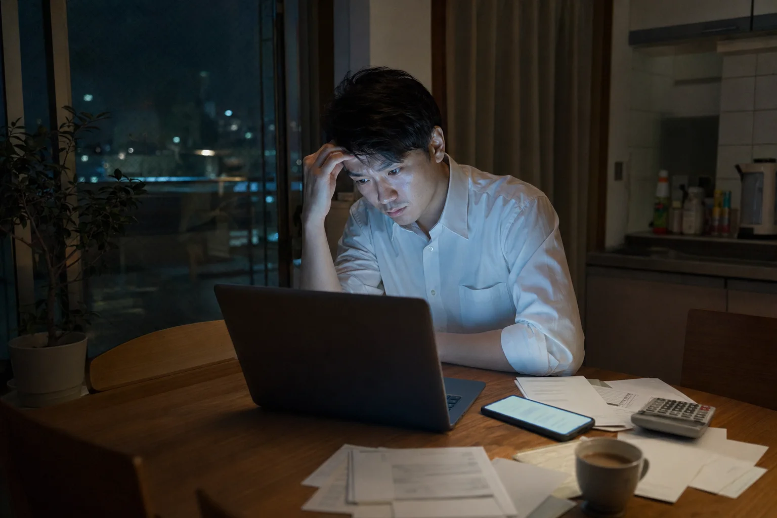 夜の自宅で、ノートパソコンと請求書を前に不安そうに座る会社員の写真調イラスト。