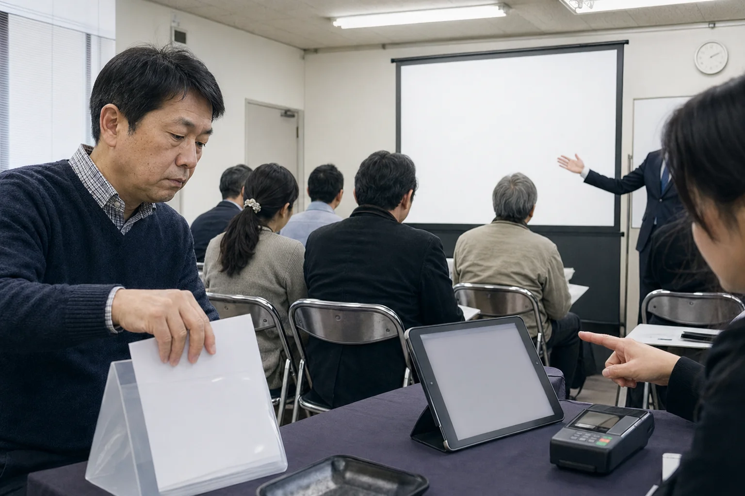 蛍光灯のセミナー会場で、参加者が資料をクリアファイルに入れ、横で支払い端末が示されている場面の写真調イラスト。