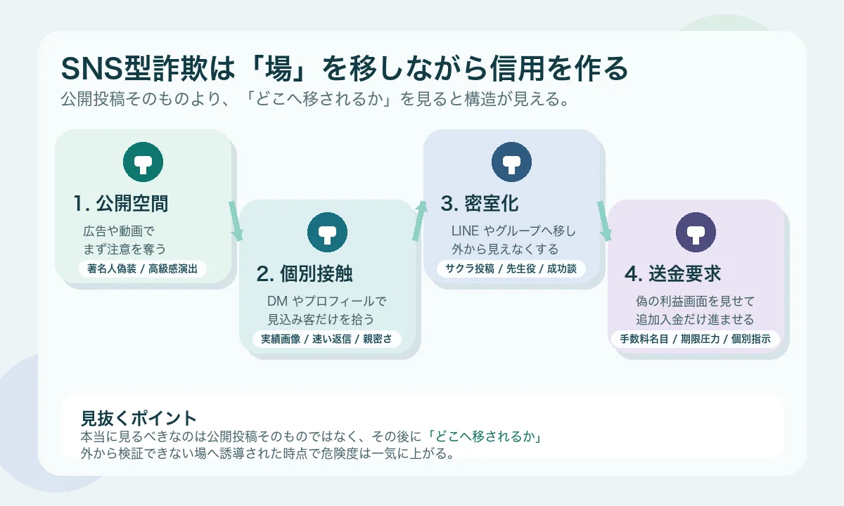 SNS型詐欺の典型的な流れを示した図
